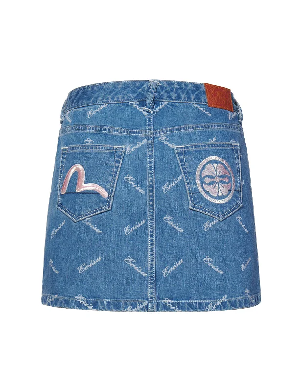 Allover Discharged Logo Print Denim Skirt corduroy skirt cozy