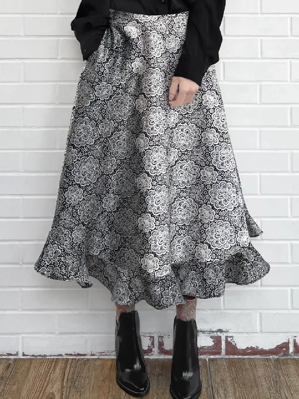 Surprise Sale! Black Gradient Shades Daisy Garden Silky Woollen Skirt linen skirt breathable