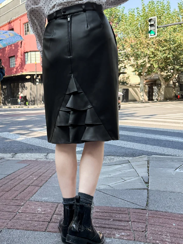 Black Vegan Leather Ruffled Back Knee Length Fitted Skirt wrap skirt elegant