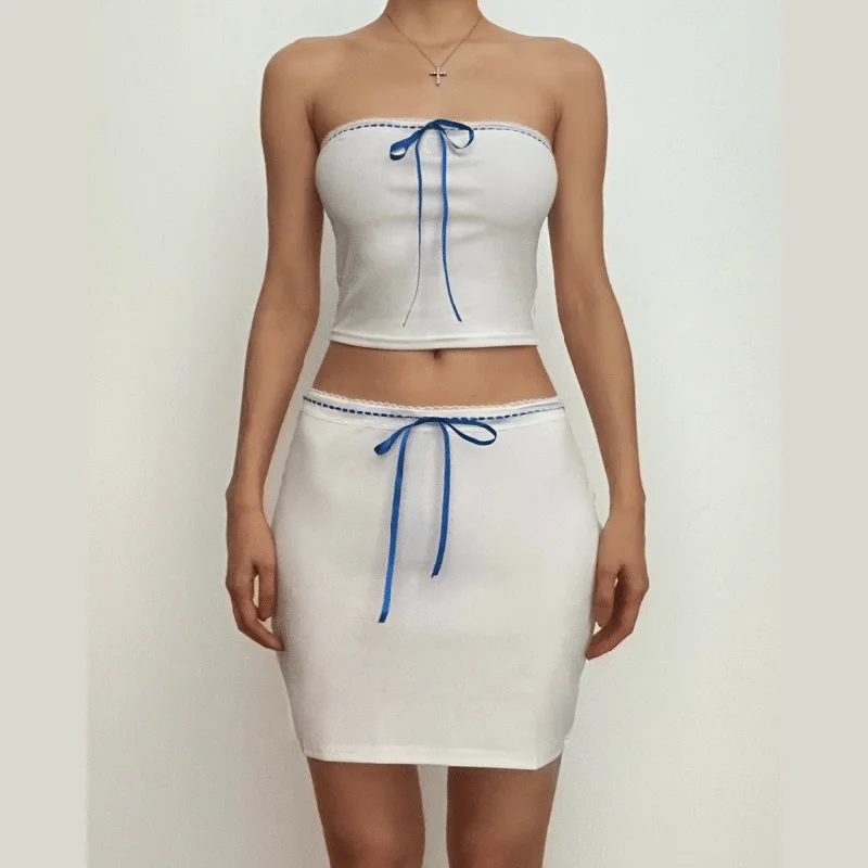 Bowknot backless ribbon stitch lace hem tube mini skirt set- Final Sale silk skirt luxurious