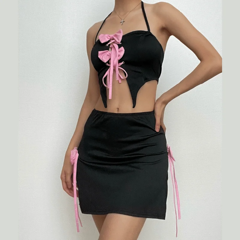 Bowknot halter contrast self tie backless mini skirt set corduroy skirt comfortable