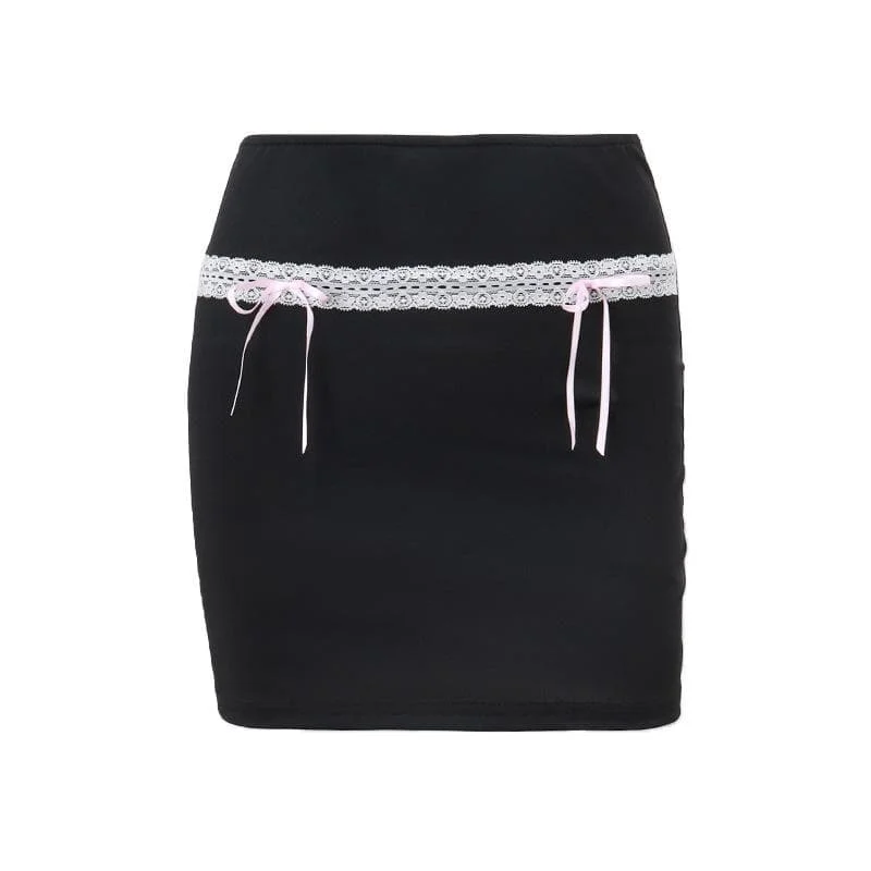 Bowknot lace hem ribbon A line contrast mini skirt chiffon skirt lightweight