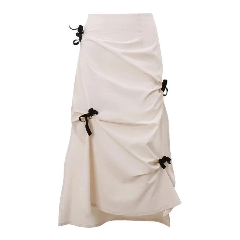 Bowknot ruched zip-up slit irregular contrast midi skirt lace skirt romantic