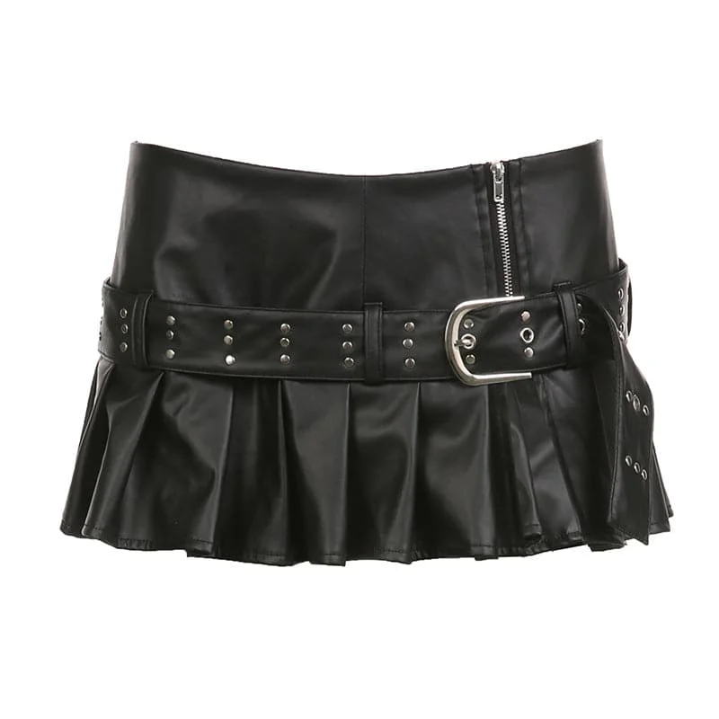 Buckle zip-up pleated low rise PU leather mini skirt linen skirt airy