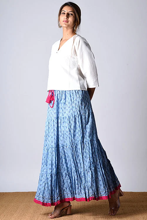 Dharan "Dazzle Skirt" Blue Block Printed Skirt corduroy skirt comfortable