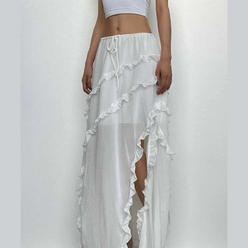 Drawstring ruffle slit irregular solid maxi skirt chiffon skirt floaty