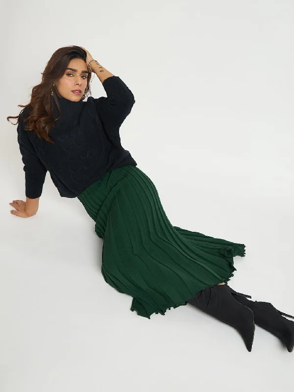 Forest Green Pleated Midi Knit Skirt wool skirt warm