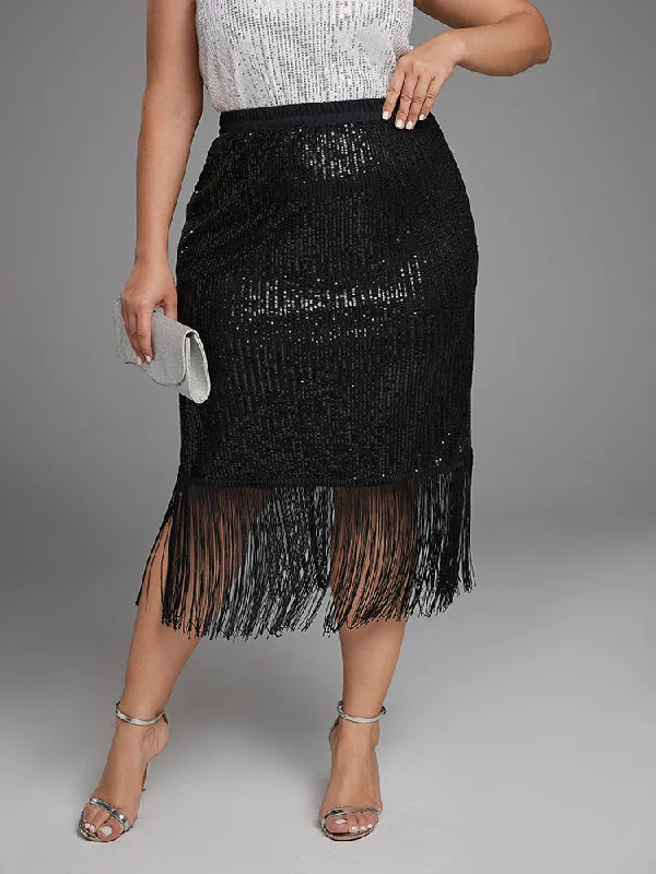 High Waist Fringe Hem Sequin Skirt cashmere skirt soft