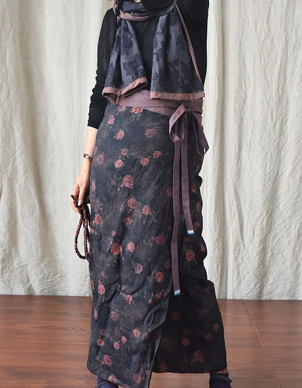 High Waist Retro Printed Linen Wrap Lace Floral Skirt lightweight skirt design