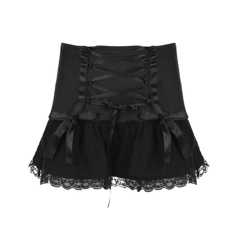 Lace up ruched lace hem solid bowknot low rise mini skirt slim fit skirt