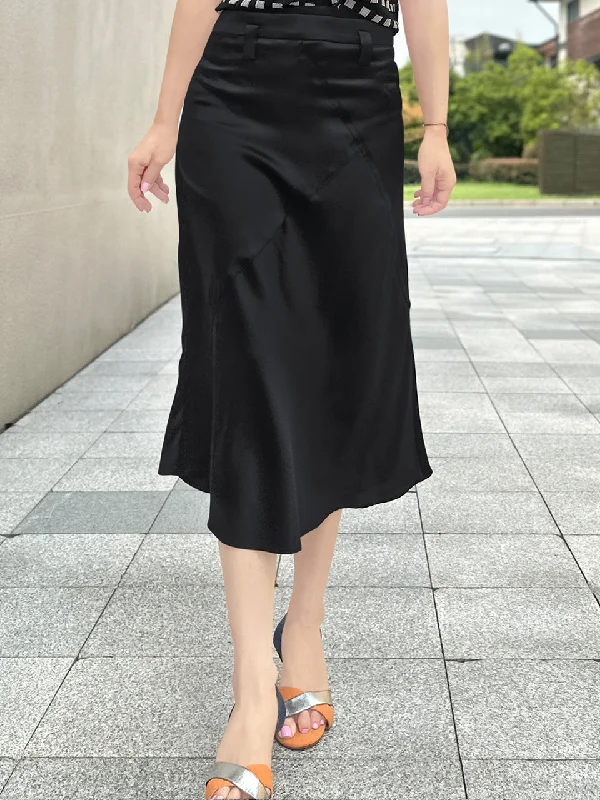 Lustrous Black Layered Waist A-line Silky Midi Skirt velvet skirt plush