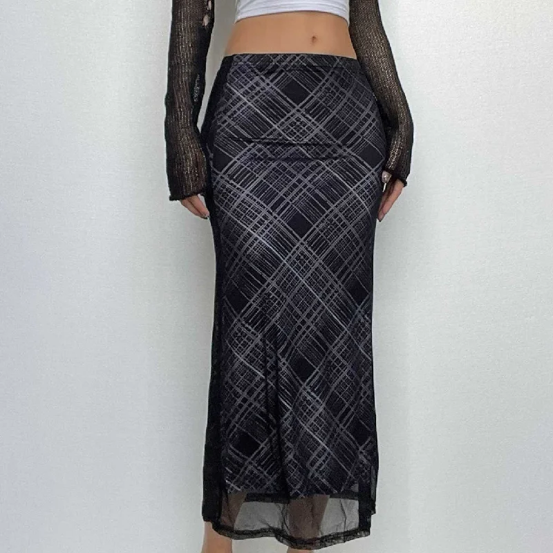 Mesh plaid contrast high rise midi skirt wool skirt thick