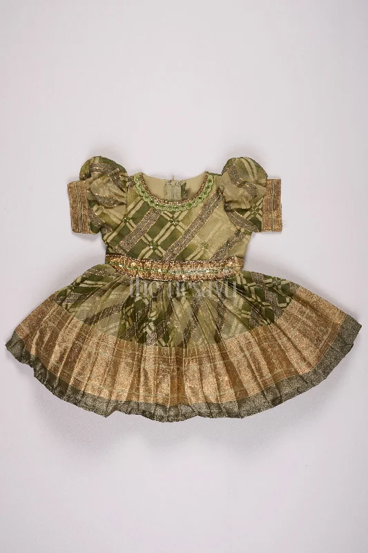 Girls Fancy Frock in Green Tissue Silk with Floral Embellishments and Short Pleated Skirt silk skirt smooth