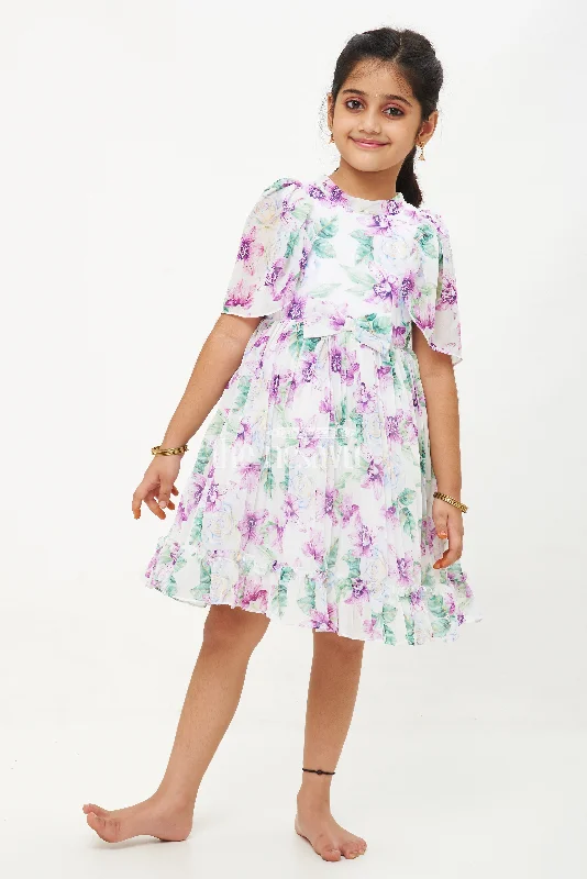 Purple Floral Georgette Printed Frock with Pleated Skirt and Puff Sleeves for Girls velvet skirt luxury