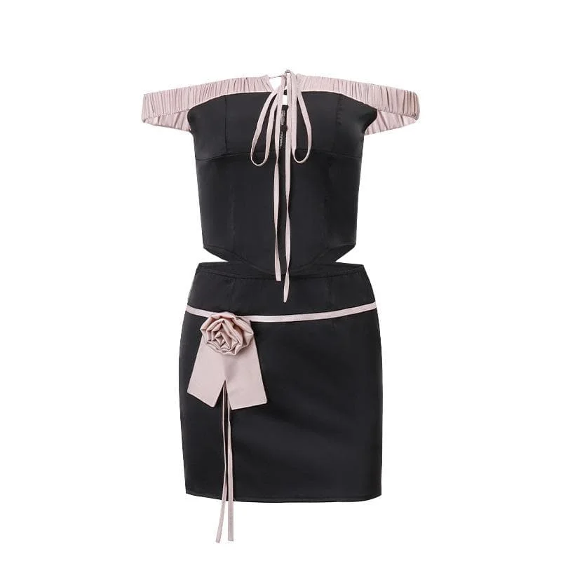 Off shoulder self tie flower applique zip-up button mini skirt set leather skirt sleek