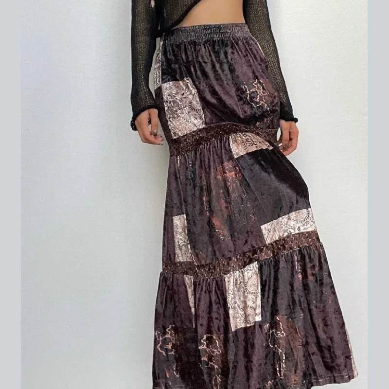 Patchwork contrast ruched medium rise maxi skirt velvet skirt rich