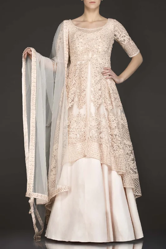 Peach Colour Net Jacket Top With Silk Skirt And Net Dupatta leather skirt sleek