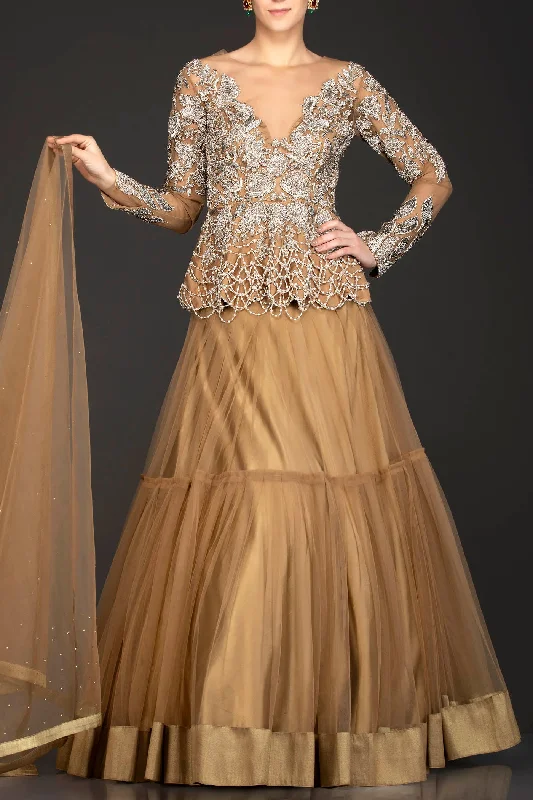 Dark Gold Colour Net Peplum And Skirt With Dabka Work And Tassels button skirt front