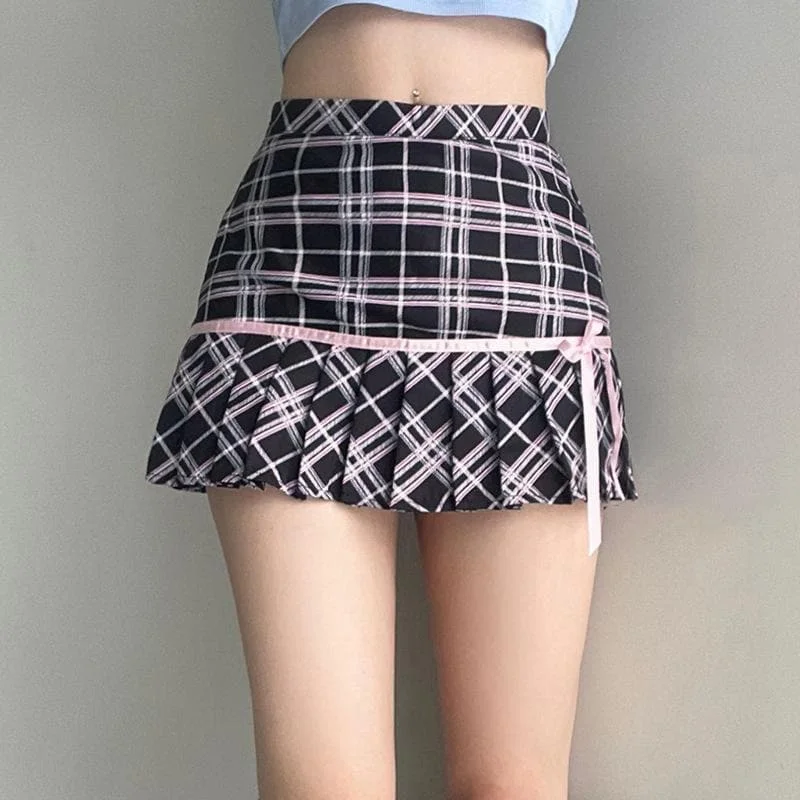 Pleated contrast bowknot plaid high rise mini skirt wool skirt warm