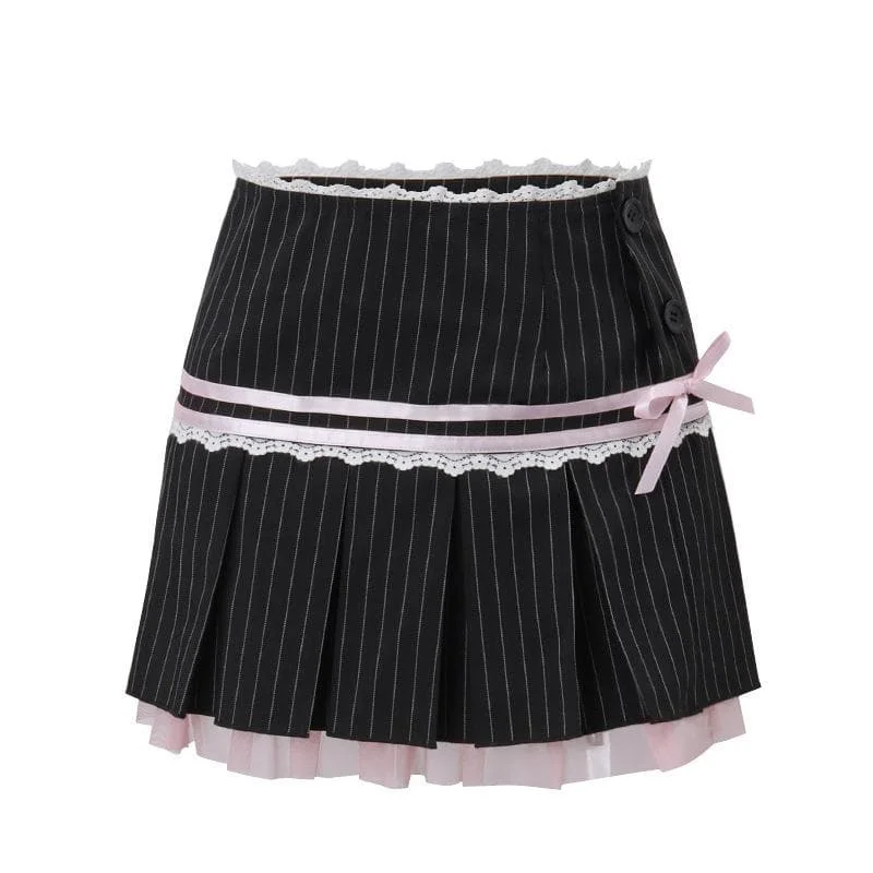 Pleated striped button lace hem bowknot stitch mini skirt velvet skirt rich