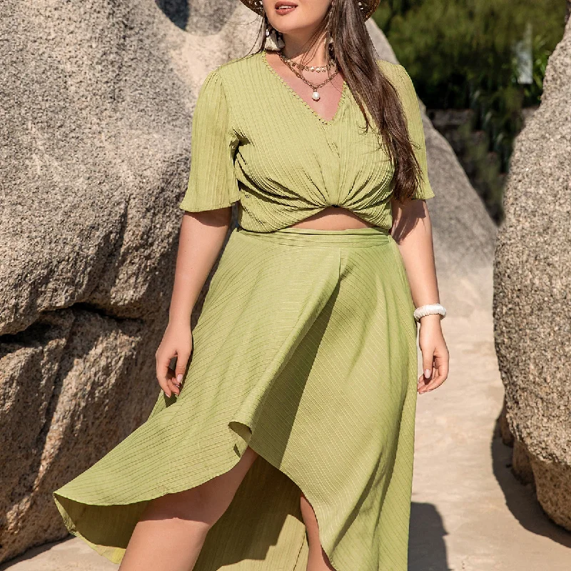 Plus Size Green Polyester Cropped Outfit Beach Casual Women Skirt Outfit corduroy skirt textured