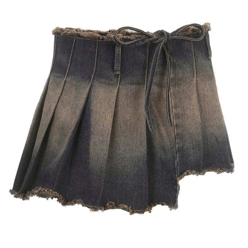 Raw hem pleated contrast self tie denim mini skirt patchwork skirt art