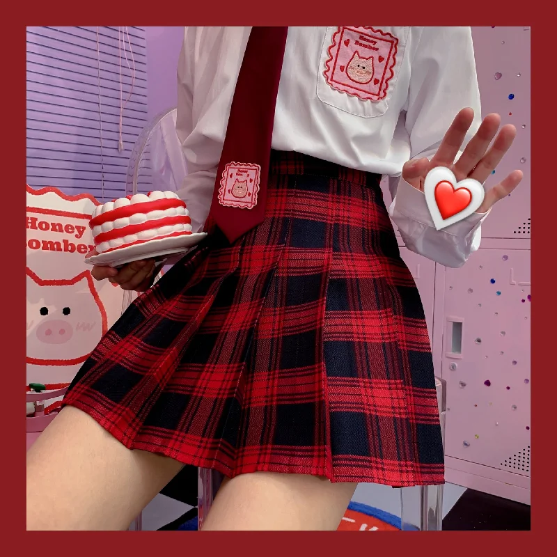 Red Plaid Pleated Skirt PL50147 ruffled skirt detail