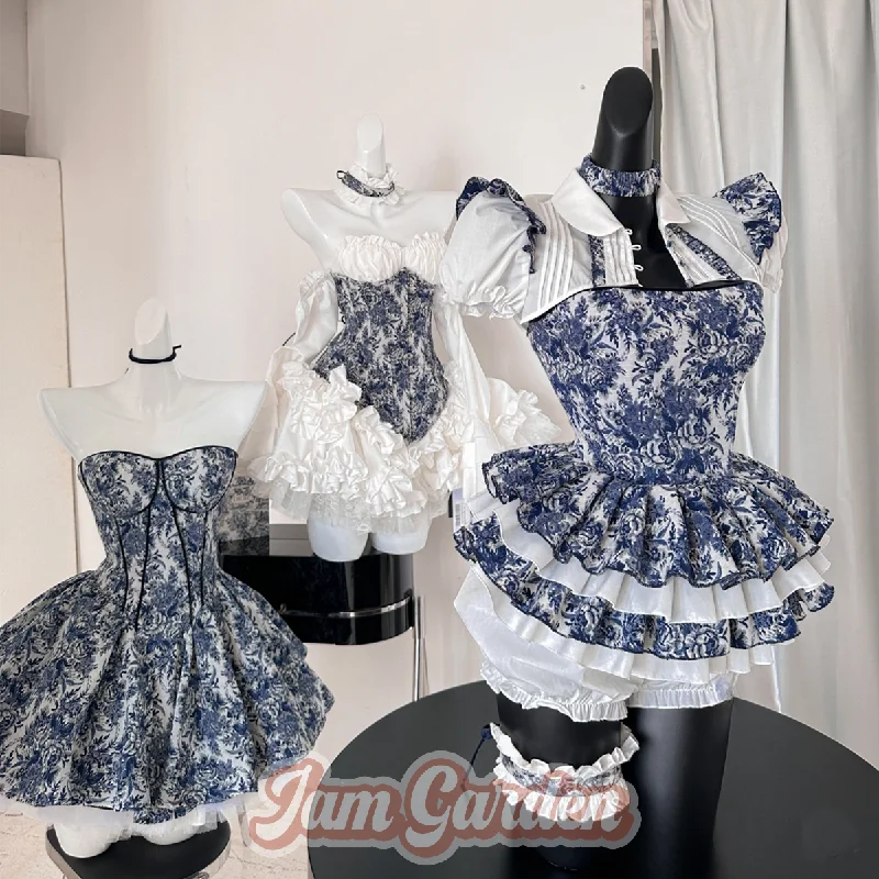 POSHEPOSE Retro Blooming Print Coat Suspenders Mesh Tutu Skirt Three-Piece Set low waist skirt