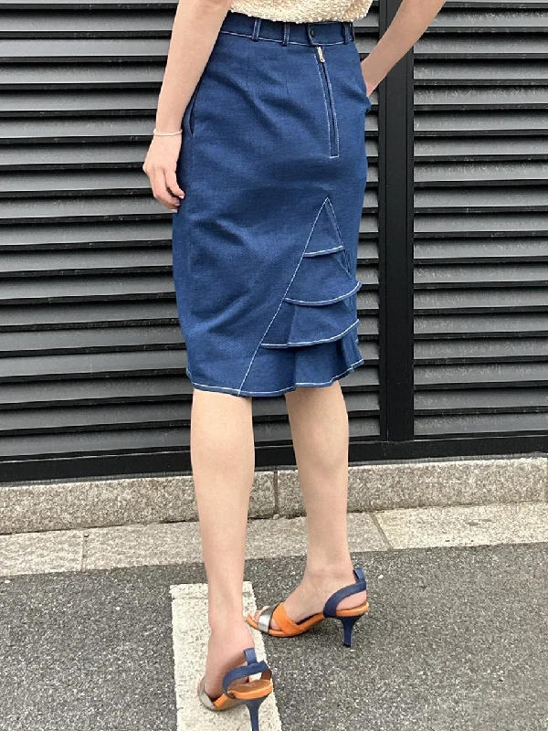 Retro Blue Denim Ruffled Back Knee Length Fitted Skirt maxi skirt elegant