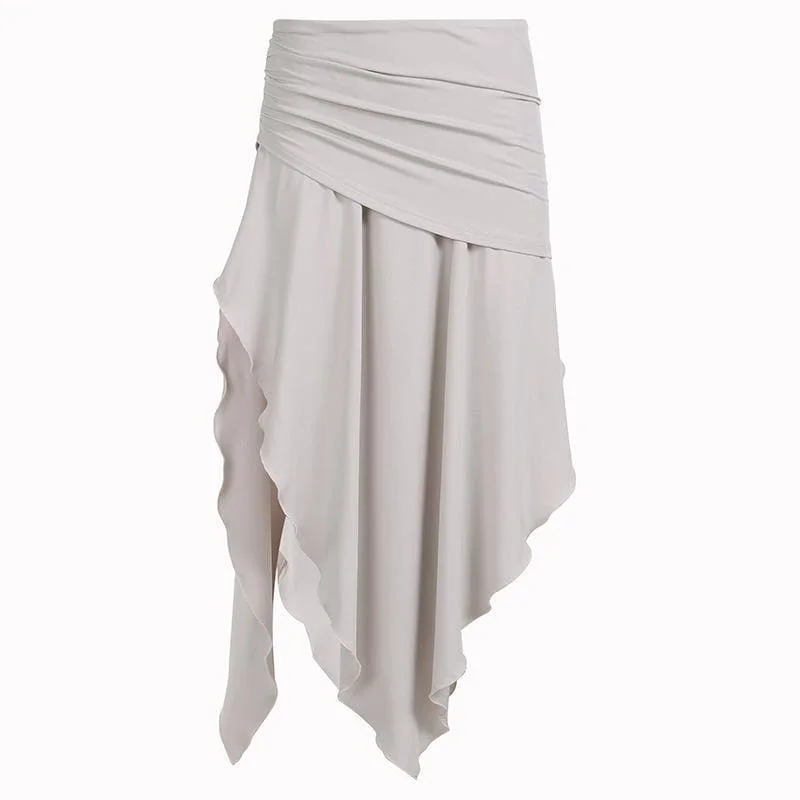 Ruched irregular ruffle slit solid high rise midi skirt vintage skirt charm