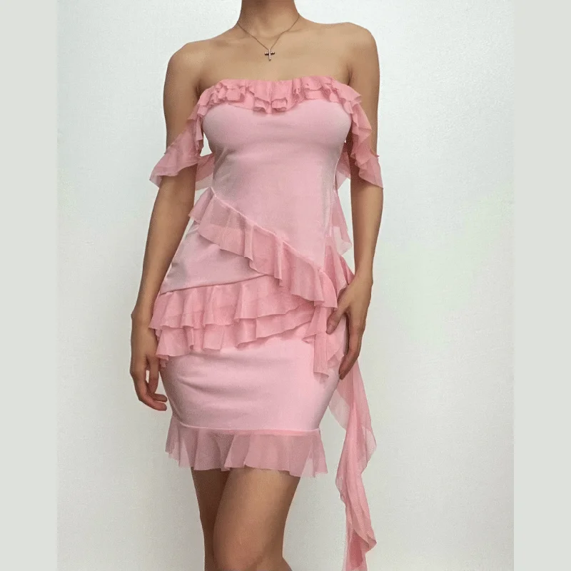 Ruffle solid off shoulder irregular backless mini skirt set tulle skirt dreamy