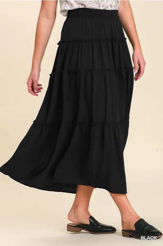 Black Tiered Maxi Skirt with Ruffle Hem linen skirt light