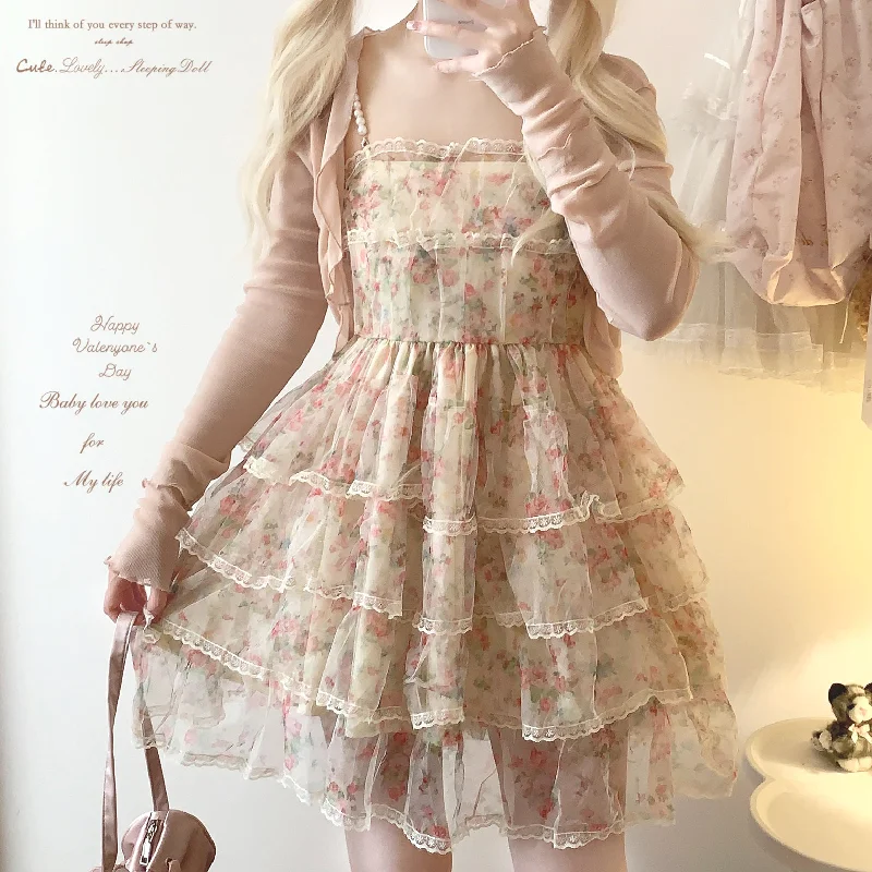 sleepingdoll Mesh Layered Print Cake Pearl Suspender Skirt denim skirt fashionable