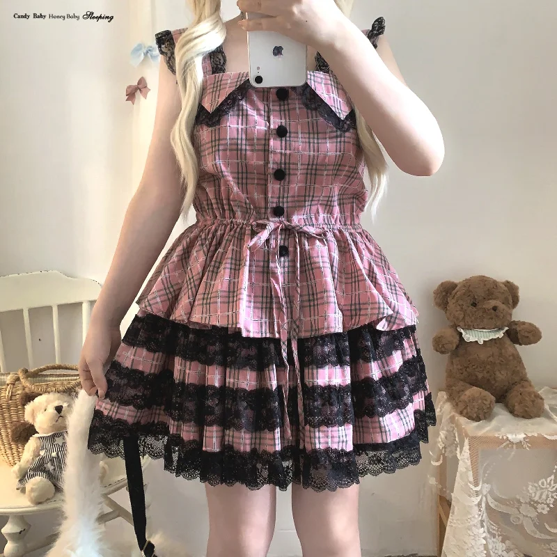 sleepingdoll Plaid Dark Abyssin Lace Suspender Skirt Set chiffon skirt flowing