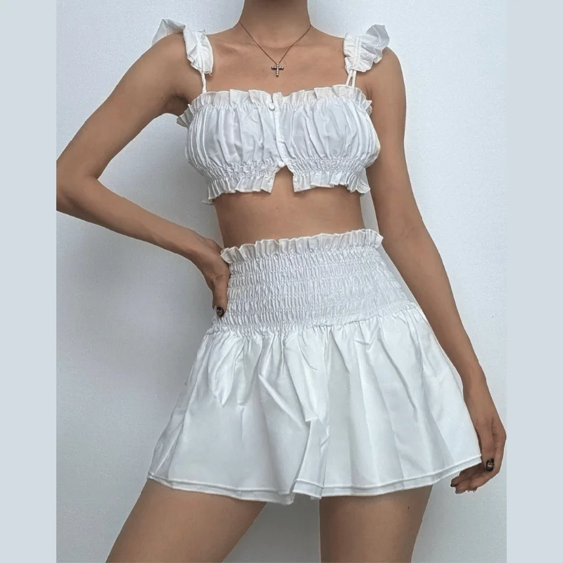 Smocked ruched cap sleeve solid ruffle mini skirt set spandex blend skirt