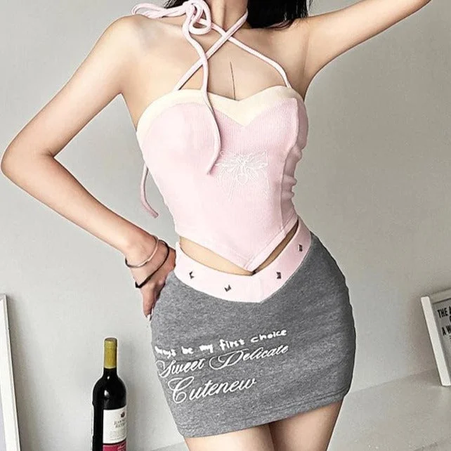 Sweetheart neck contrast halter backless mini skirt set velvet skirt luxurious