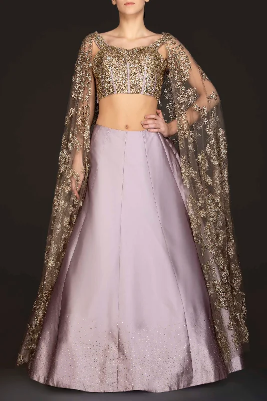 Mauve Colour Silk Skirt With Heavily Embriodered Net Top And Attached Net Cape a-line skirt cut