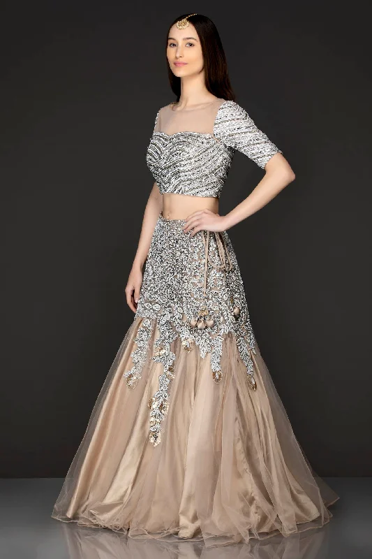 Beige Gold Net Skirt Top With Heavy Embellishment of Thread/Badla/Stone work chiffon skirt flowing