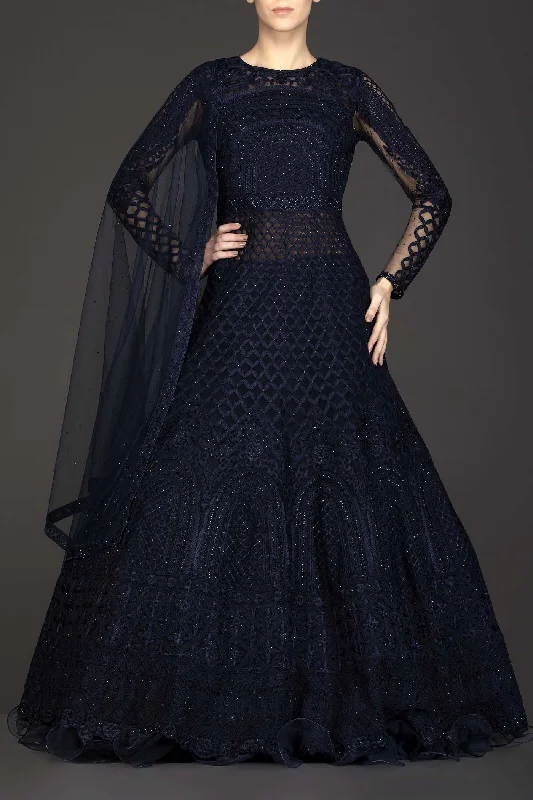 Navy Blue Net Anarkali/Gown With Georgette Skirt And Net Dupatta cashmere skirt soft