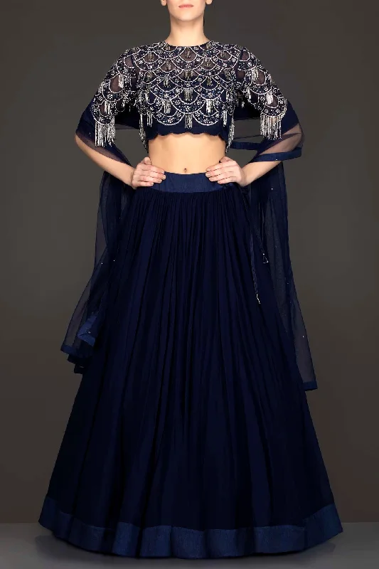 Navy Blue Georgette Skirt And Net Grey Tassel Top With Net Dupatta chiffon skirt airy