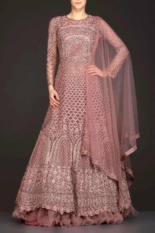 Dusty Pink Net Anarkali/Gown With Net Skirt And Net Dupatta With Thread Work satin skirt smooth