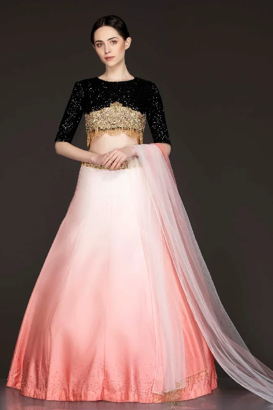 Black To Gold Ombre Net Top With Sequin Embroidered Light To Dark Peach Ombre Skirt velvet skirt glossy