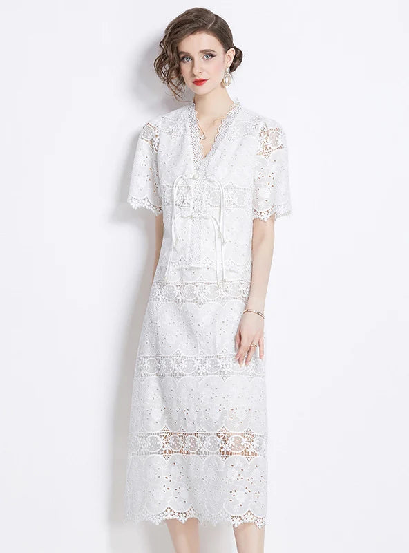 V-NECK SHORT-SLEEVED SHIRT+SKIRT TWO-PIECE SUIT lace skirt elegant