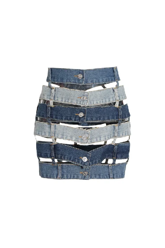 Versatile Multilayer Waistband Cutout Bodycon Button Up Denim Mini Skirt chiffon skirt flowing