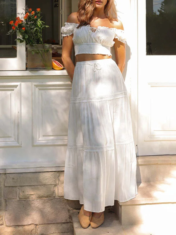 White Lace Up Top & Long Skirt Set denim skirt stylish