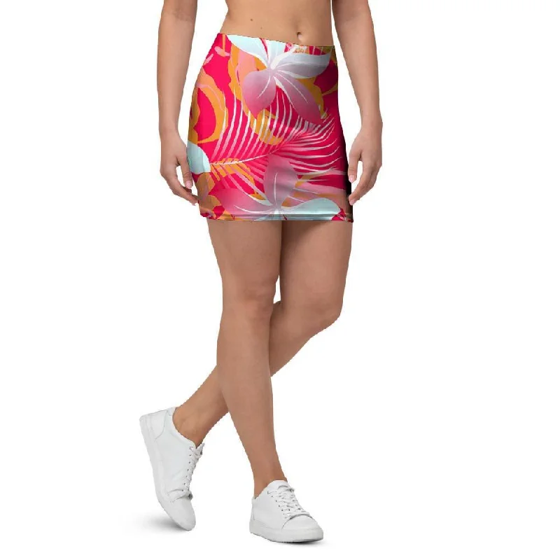 Red And Orange Hibiscus Hawaiian Print Mini Skirt tiered skirt playful